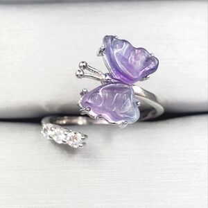 Genuine Fluorite & Diamond Simulants 925 Sterling Silver Butterfly Bypass Ring